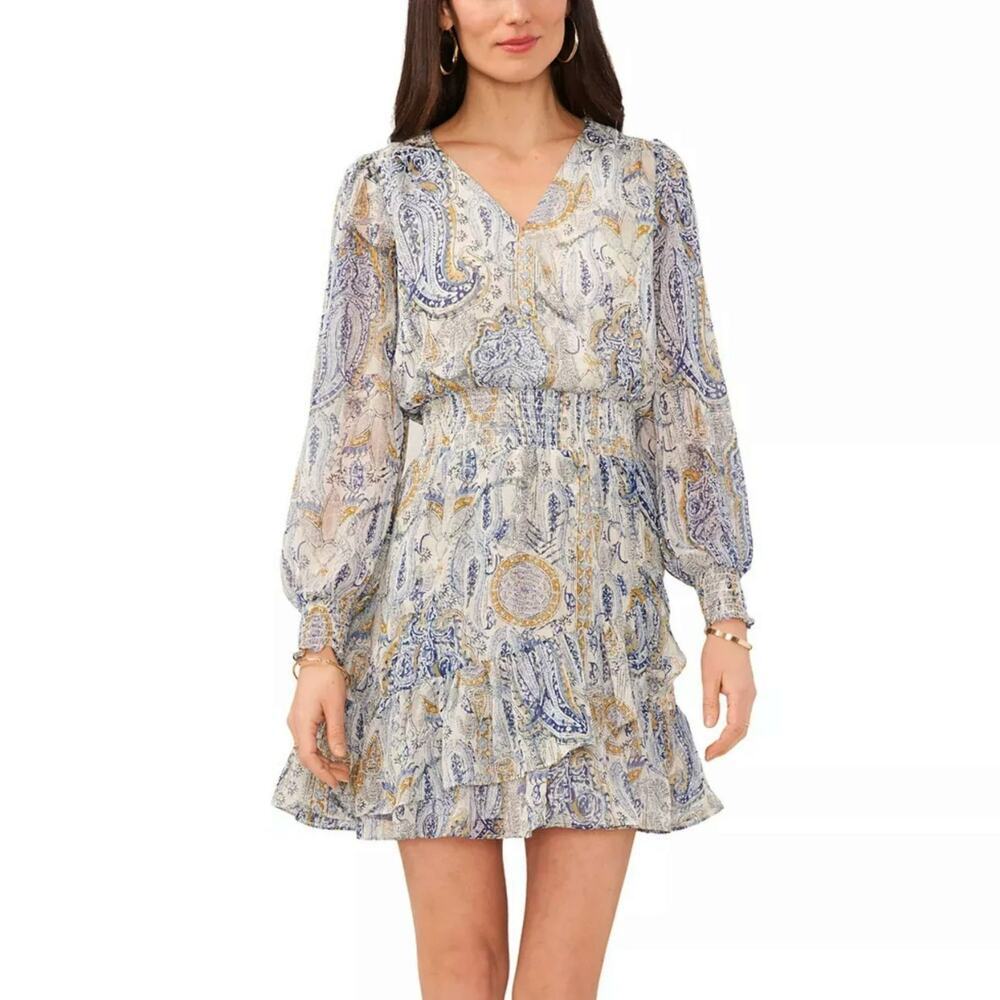 NWT Vince Camuto Parsley Print Ruffle Hem Smocked-Waist Long Sleeve Mini Dress - Picture 2 of 6